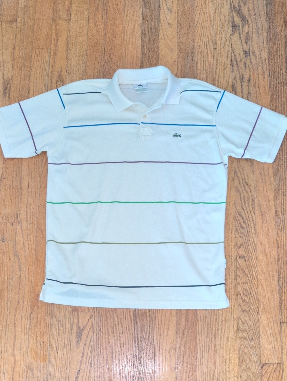 Lacoste White Polo with Thin Multi-Color Horizontal Stripes